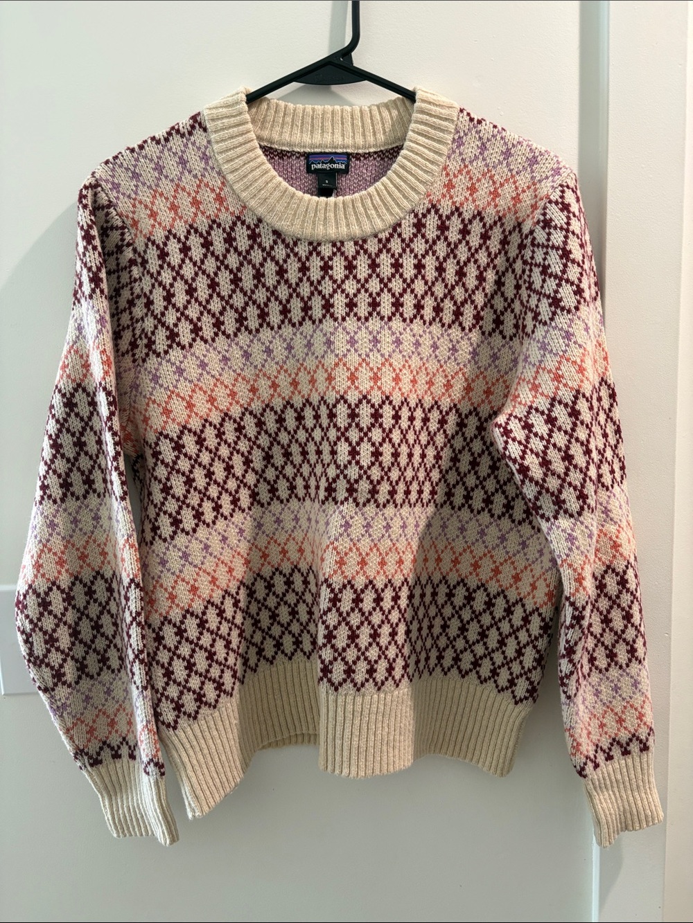 Patagonia Cream Crewneck Sweater with Burgundy, Pink & Orange Fair Isle